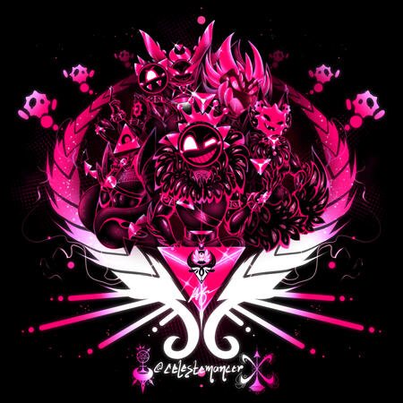 A graphic illustration featuring most of the bosses from JSAB (as gijinkas), along with the artist's JSAB sona in the very background.