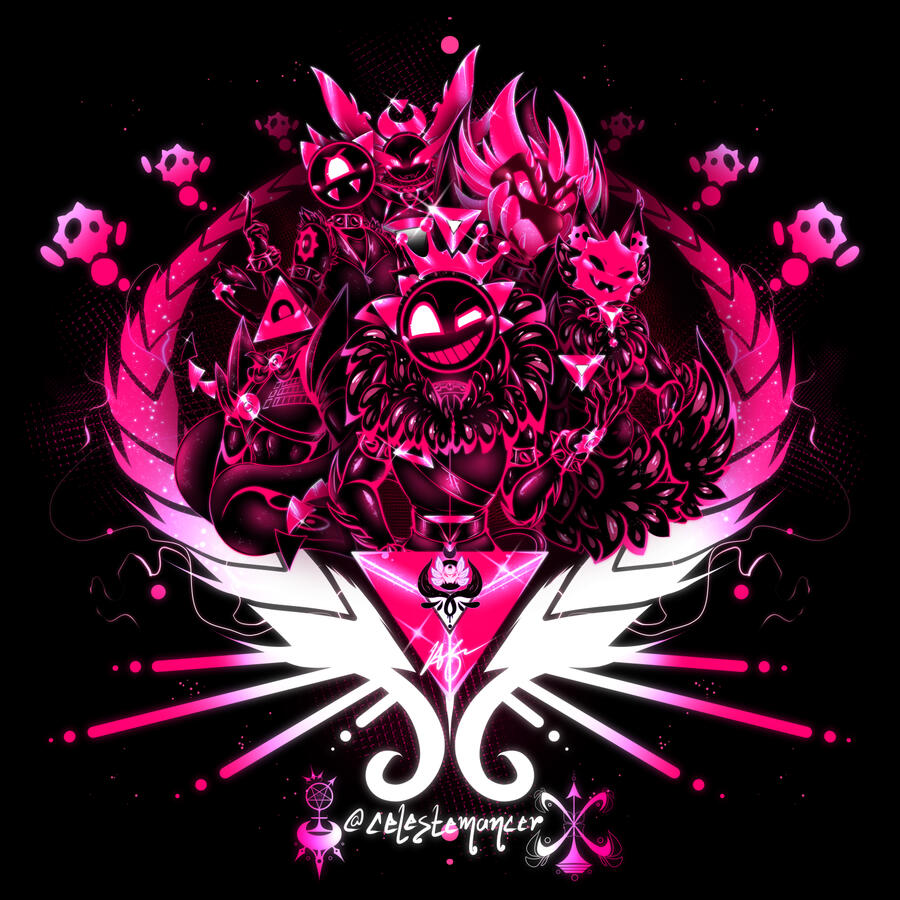 A graphic illustration featuring most of the bosses from JSAB (as gijinkas), along with the artist's JSAB sona in the very background.