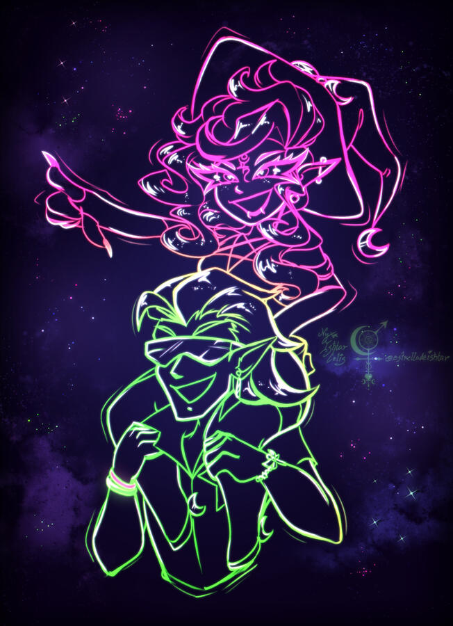 A doodle of two characters, Ishtar & KK, amidst a space-like background. Ishtar can be seen sitting atop of KK's shoulders with him holding onto their legs for support, whereas Ishtar can be seen pointing in a forward direction.