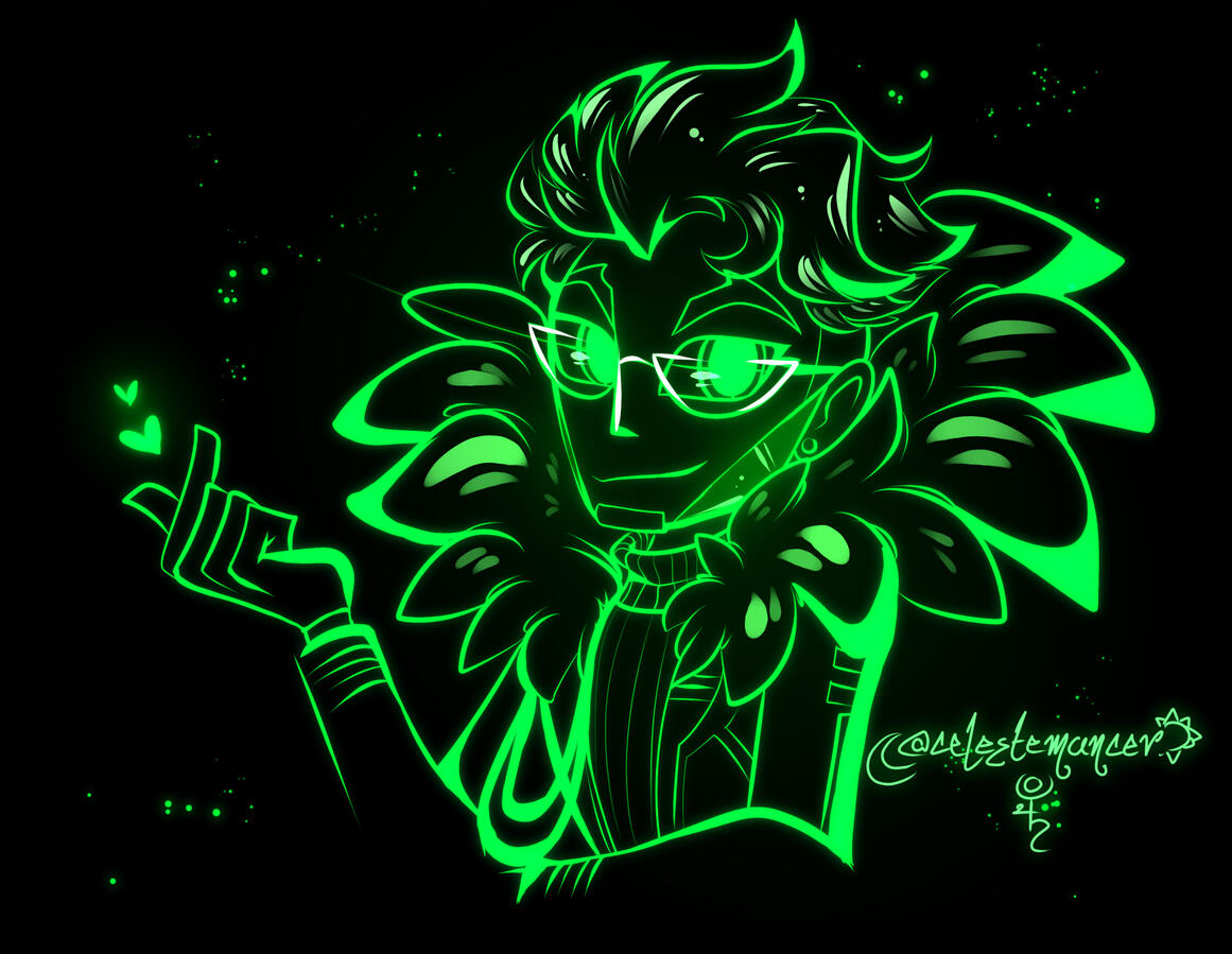 A chibi bust of a gijinka of Neon J. One of his hands is visible & appears to be making a heart with his fingers.
