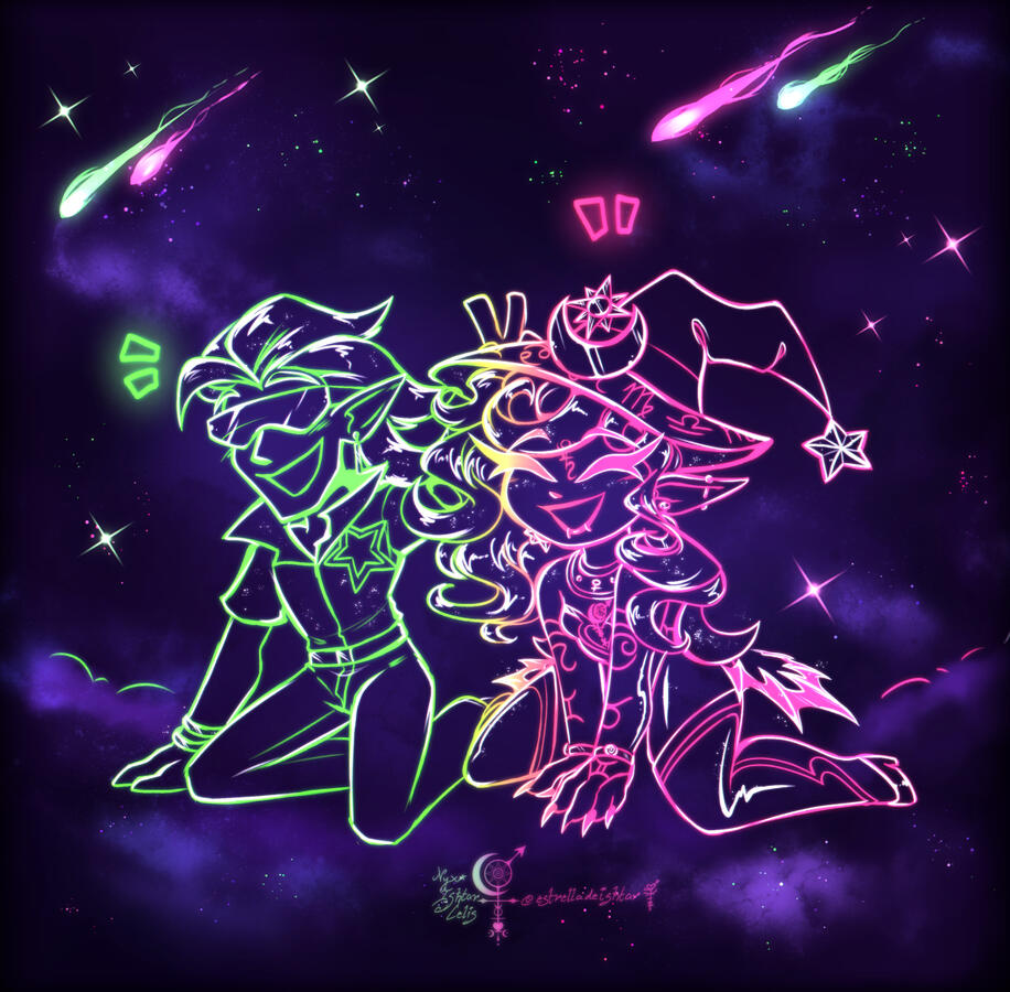 A doodle of two characters, Ishtar & KK, amidst a space-like background. The two are seated side by side next to each other, smiling.