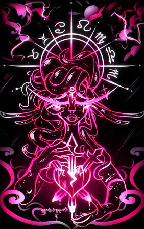 A 3 of swords themed sketch featuring Ishtar, who has a sorrowful expression & is holding the heart presented in the tarot card with 3 swords driven in it.