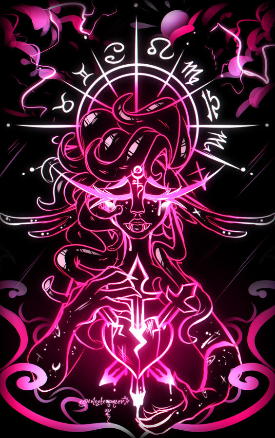 A 3 of swords themed sketch featuring Ishtar, who has a sorrowful expression & is holding the heart presented in the tarot card with 3 swords driven in it.