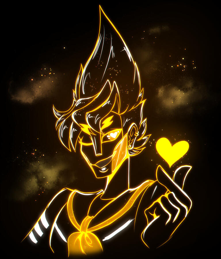 A neon lineart sketch of the yellow 1010 bot, Haym, looking towards the viewer & making a heart symbol with his fingers.