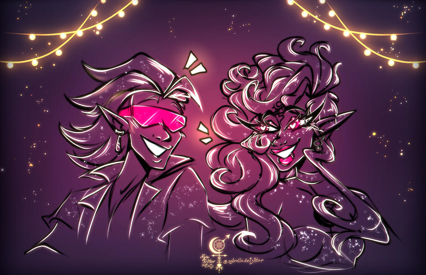 A doodle of the characters, KK & Ishtar, both hanging out underneath a set of string lights. The two are glancing over at each other & smiling, seemingly enjoying each other's company together.