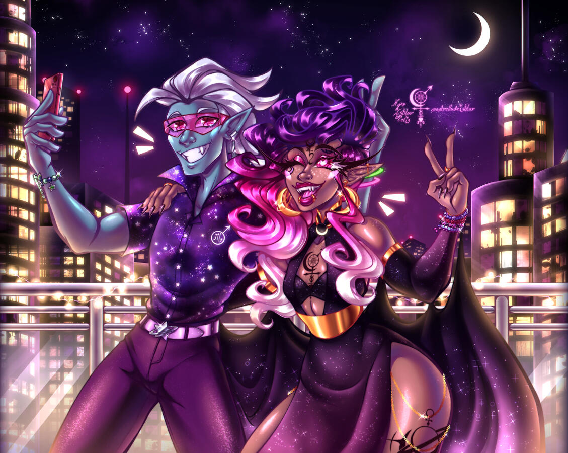 An Illustration of two OCs, KK & Ishtar, hanging out among the city lights at night.
