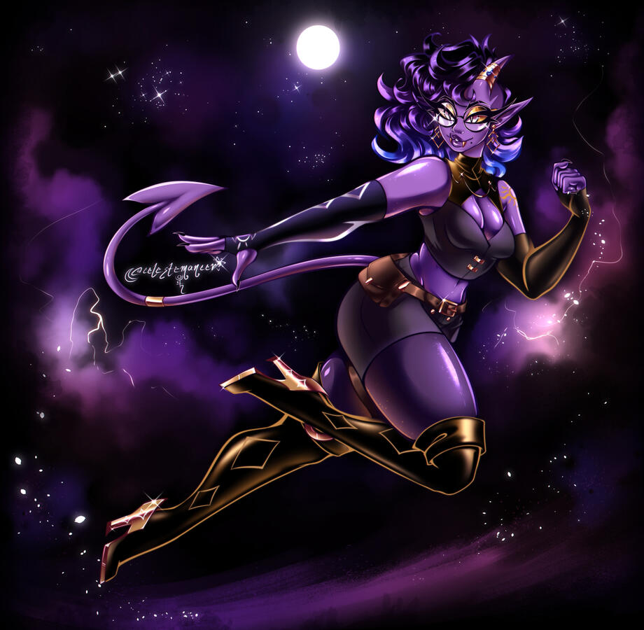 An illustration of a client's tiefling sona amidst a night background, with several stars, clouds, & the moon in view behind them.
