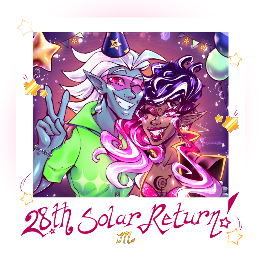 A polaroid illustration depicting the two OCs, Ishtar & KK, posing for the camera & smiling as part of a birthday celebration.