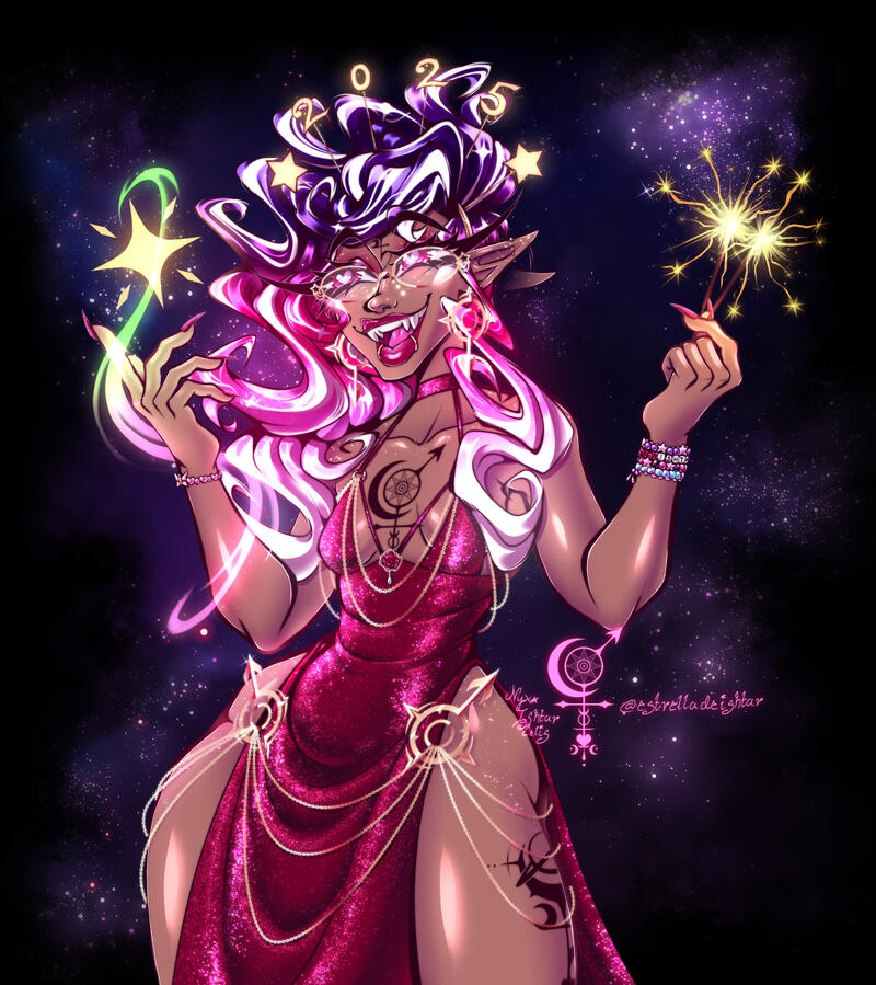 An illustration of Ishtar, an NSR OC, wearing a formal dress & a new years themed tiara on a space themed background.