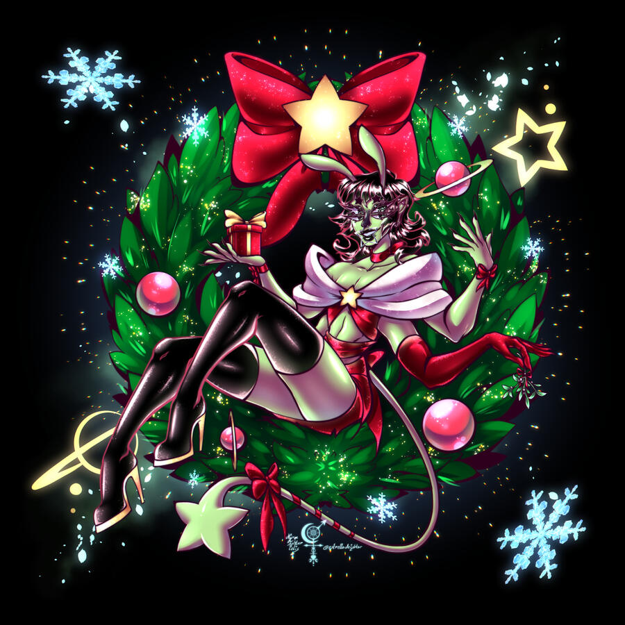 A pinup-esque illustration of an alien NSR OC, named Galaga,dressed up in x-mas holiday attire & reclining against a sizable holiday wreath.