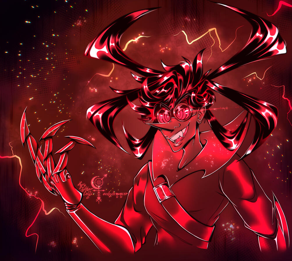 A red glowy bust sketch of an OC, named Hyperbolt, amidst a red abstract background.