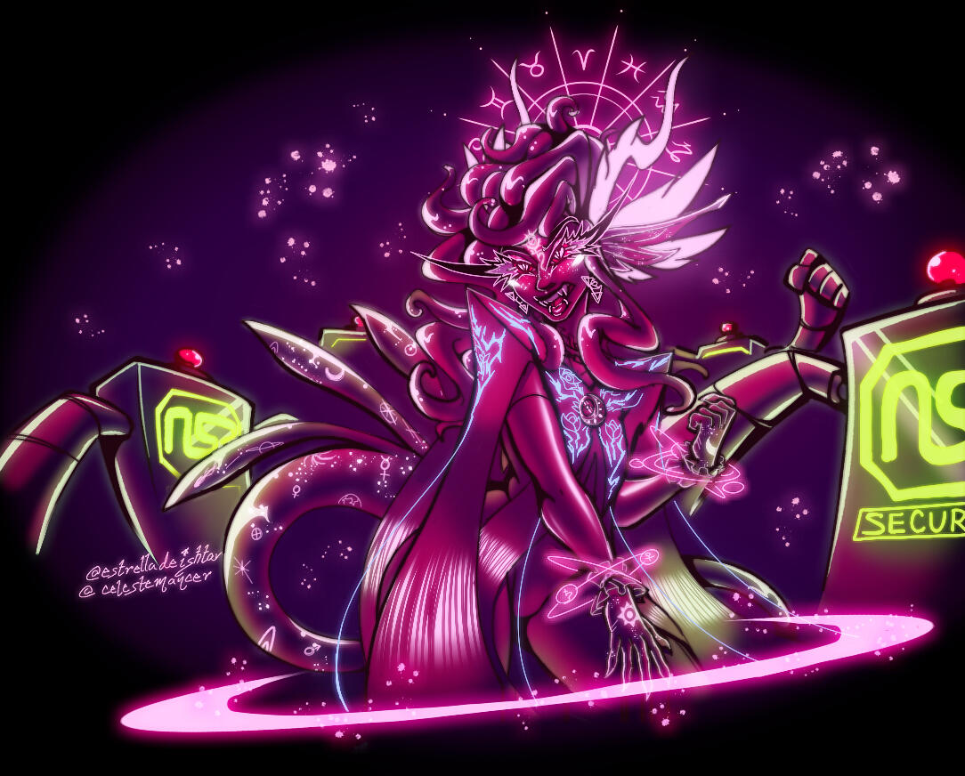 A doodle of Ishtar in their full alien form, wearing bayonetta cosplay while surrounded by NSR security bots. There is a ring of cosmic magic surrounding them, acting like a barrier, &amp; they&#39;re in a fight stance as they glare over at the bots around them.