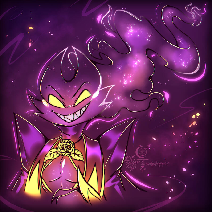 A purple glowy bust of a wraith OC, named Spite, amidst a glowy purple background.