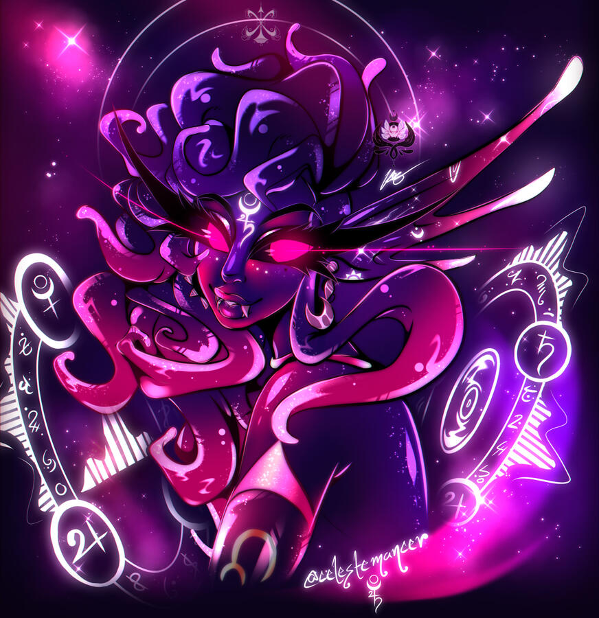 An bust shot of Ishtar in their alien form amongst what appears to be a more ethereal, space-like environment.