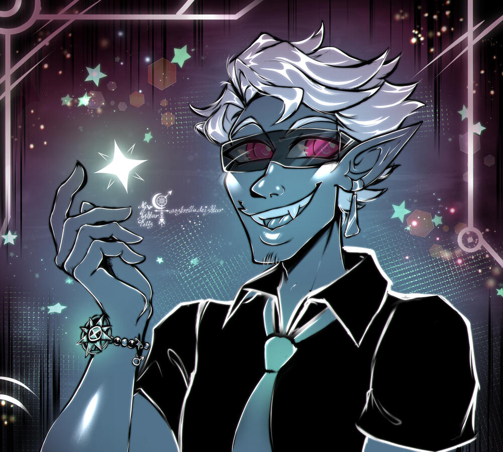 A bust up sketch of KK, an NSR OC, for his charter AU, on an abstract background. He appears to be looking over to the side, arms brought forward with one hand in view raised up, a star near where his hand is.