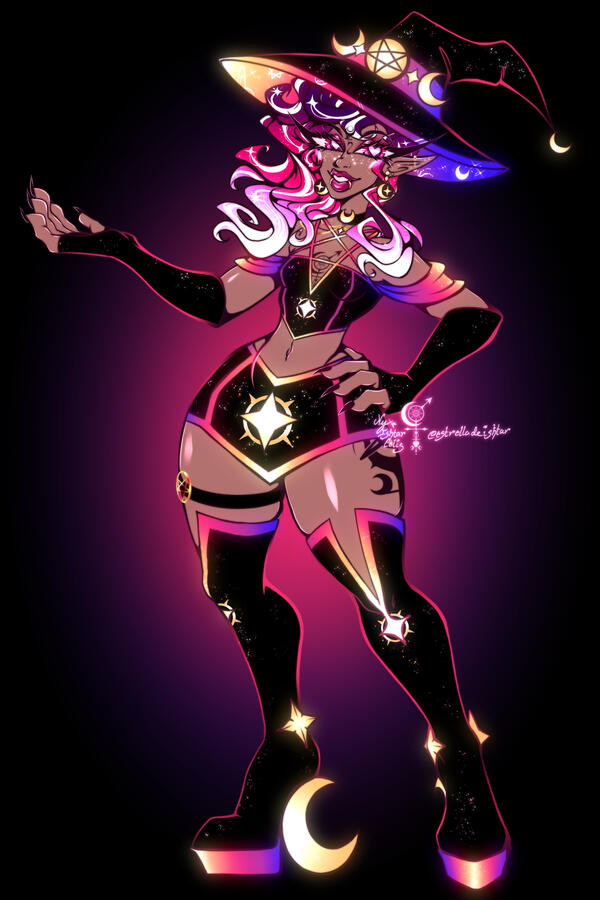 A flat colored Illustration of the OC, Ishtar, in their humanoid form &amp; wearing casual attire.