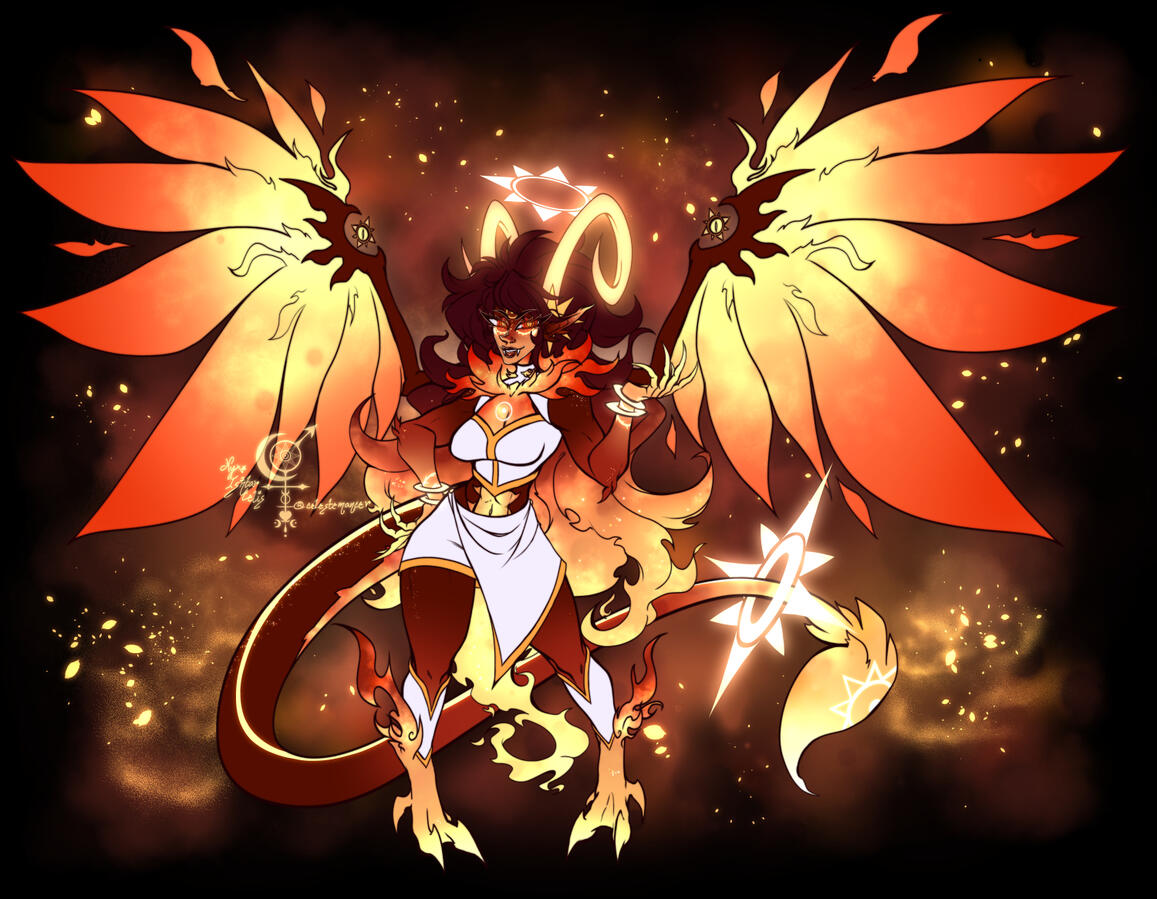 A flat colored illustration of Damaris, a humanoid solar-themed alien OC.