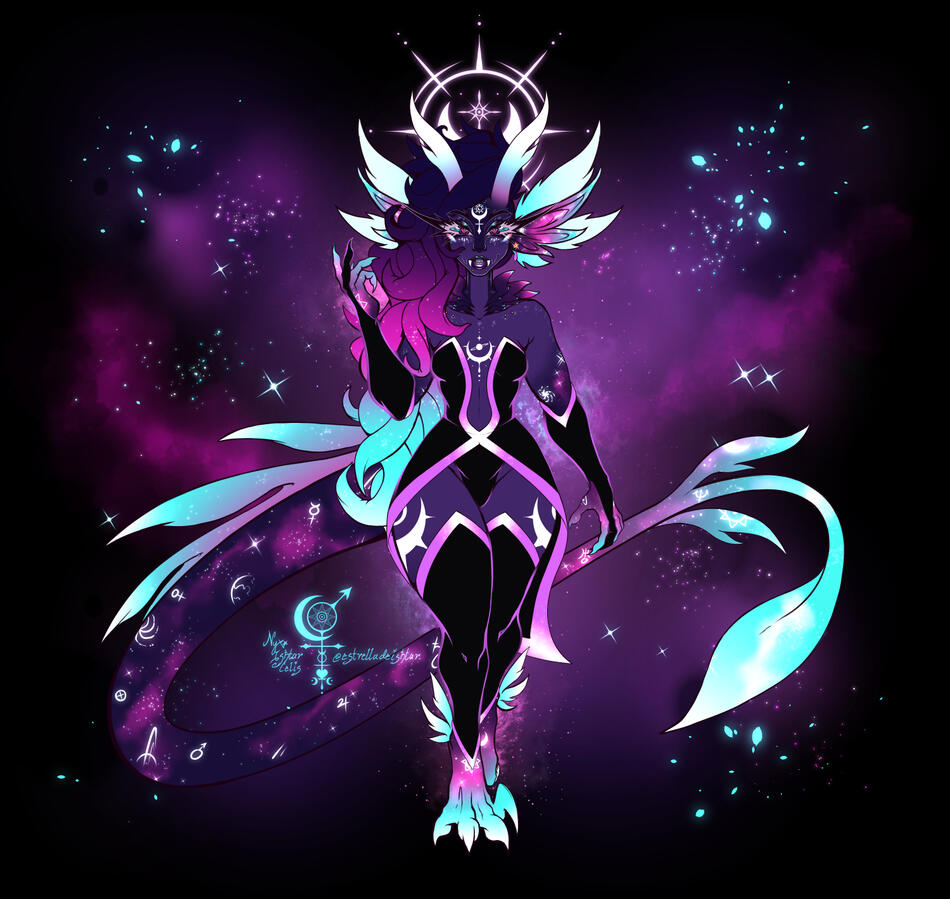 A flat colored illustration of an alien humanoid OC, named Astraea.