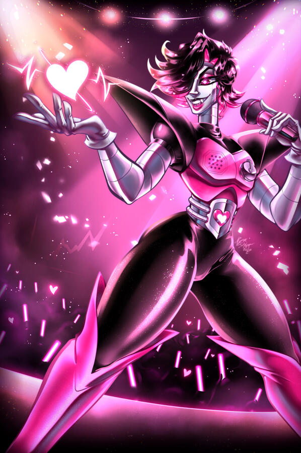 An illustration of Mettaton, from undertale, atop a stage, with what appears to be a crowd of fans below visible in the background. The illustration gives the impression of him putting on a performance.