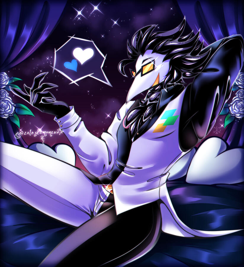 A pin-up esque illustration of Swatch from Deltarune.