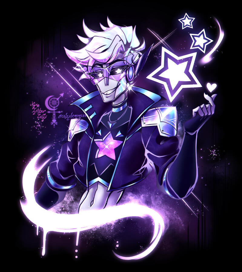 A waist up graphic illustration of an NSR OC, named Zenith, amidst an abstract space/star themed background.