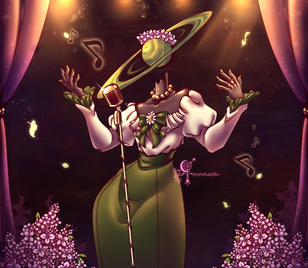 An illustration of an NSR OC phoebe, atop what appears to be a stage, singing for an audience.