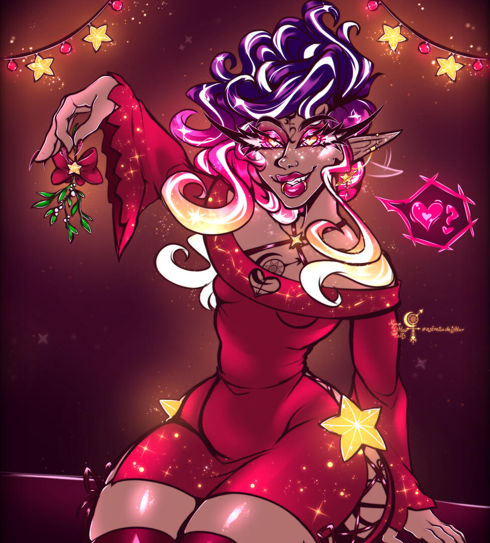 An illustration of Ishtar sitting on a flat surface, holding out a mistletoe (with a star ribbon) before what is implied to be someone (or the viewer), gazing towards them as if inviting them for a mistletoe kiss.